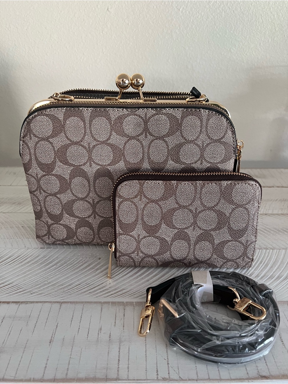 Inspired bag. Taupe Signature Canvas Crossbody Set with Gold Hardware